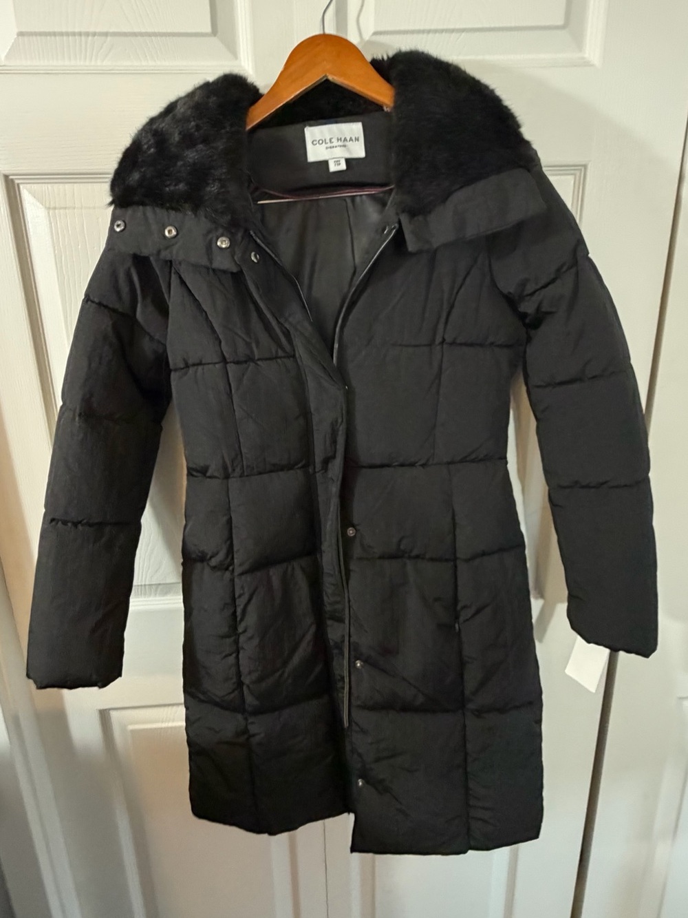 Cole Haan Long Puffer Coat Faux Fur Hood Black Women’s XXS Black Trench Coat